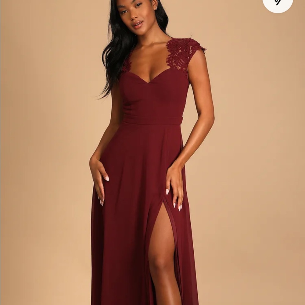 Lulu’s Burgundy Lace Backless Maxi Dress, Bridesmaid or Wedding Guest Dr…